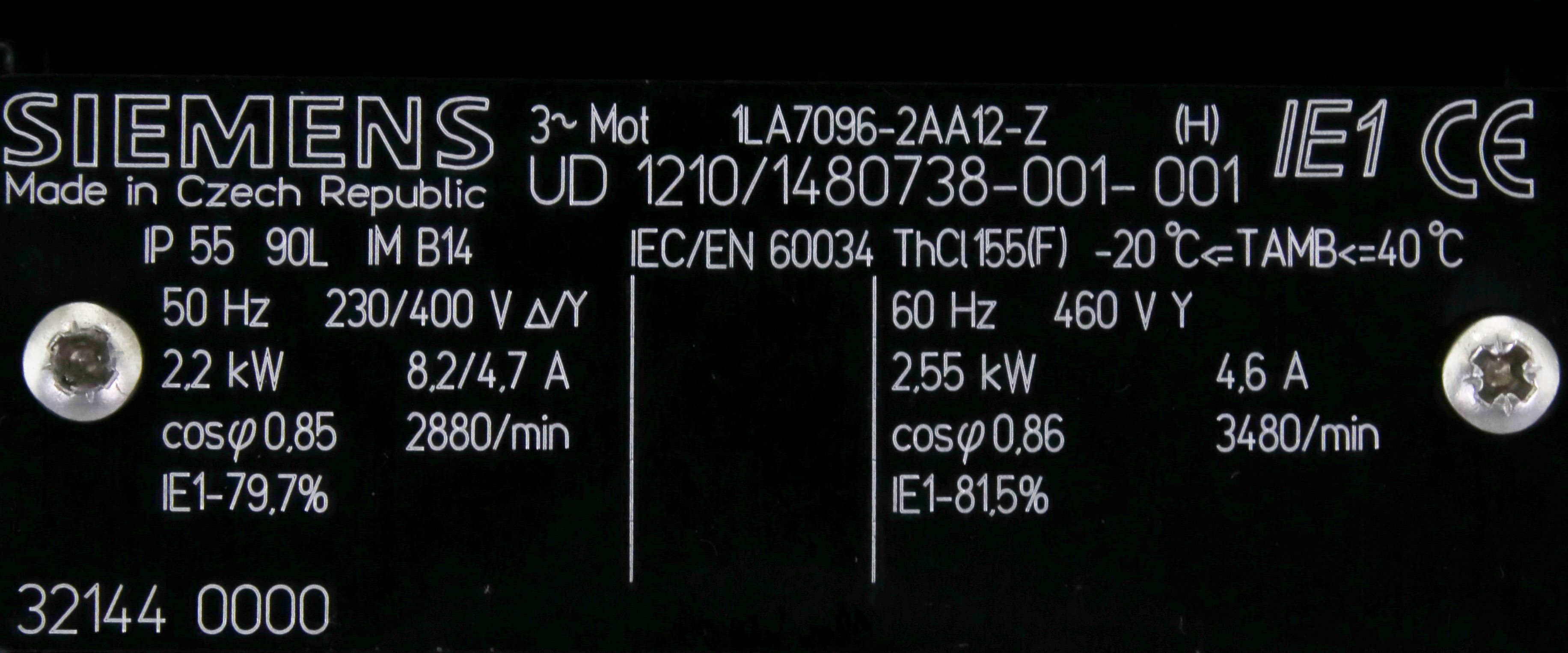 12012 SIEMENS SIMOTICS GP,LOW VOLTAGE SMOTOR,50/60HZ,2.2/2.55KW